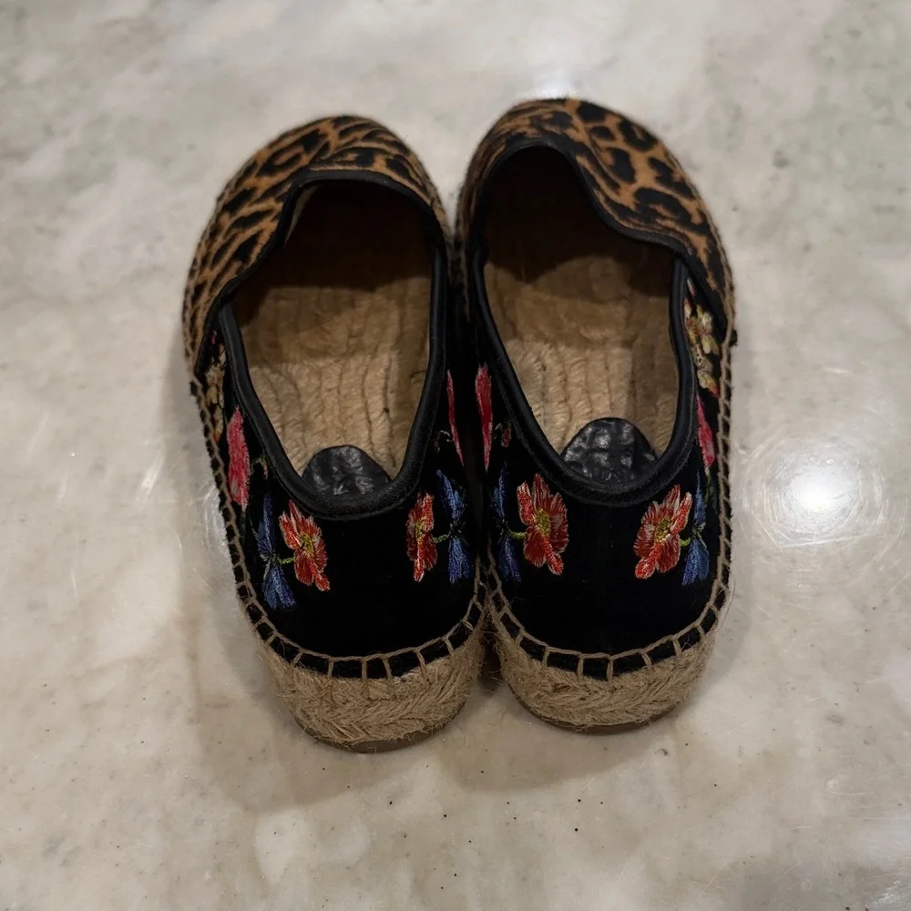 Leopard cowhide Espadrille Slip-On with Floral Embroidery - Brown/Black